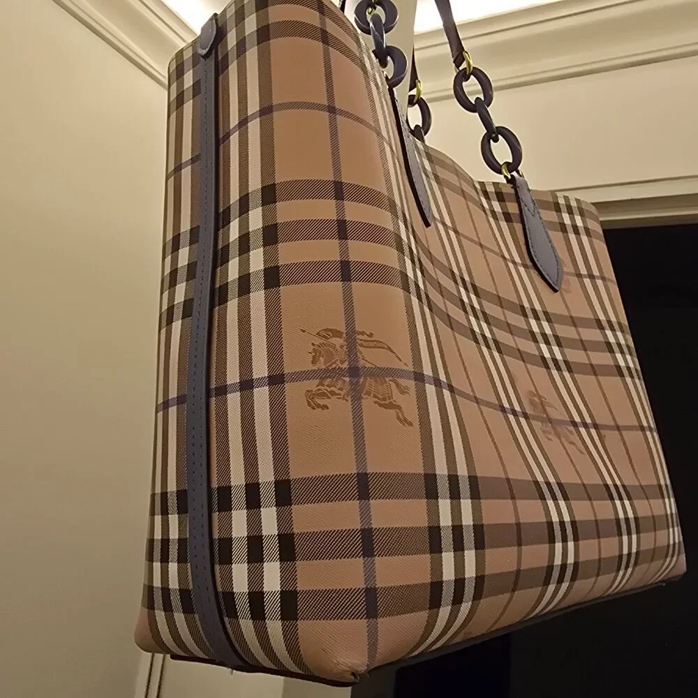 Burberry Medium Reversible Tote Haymarket Check Canvas & Slate Blue Leather